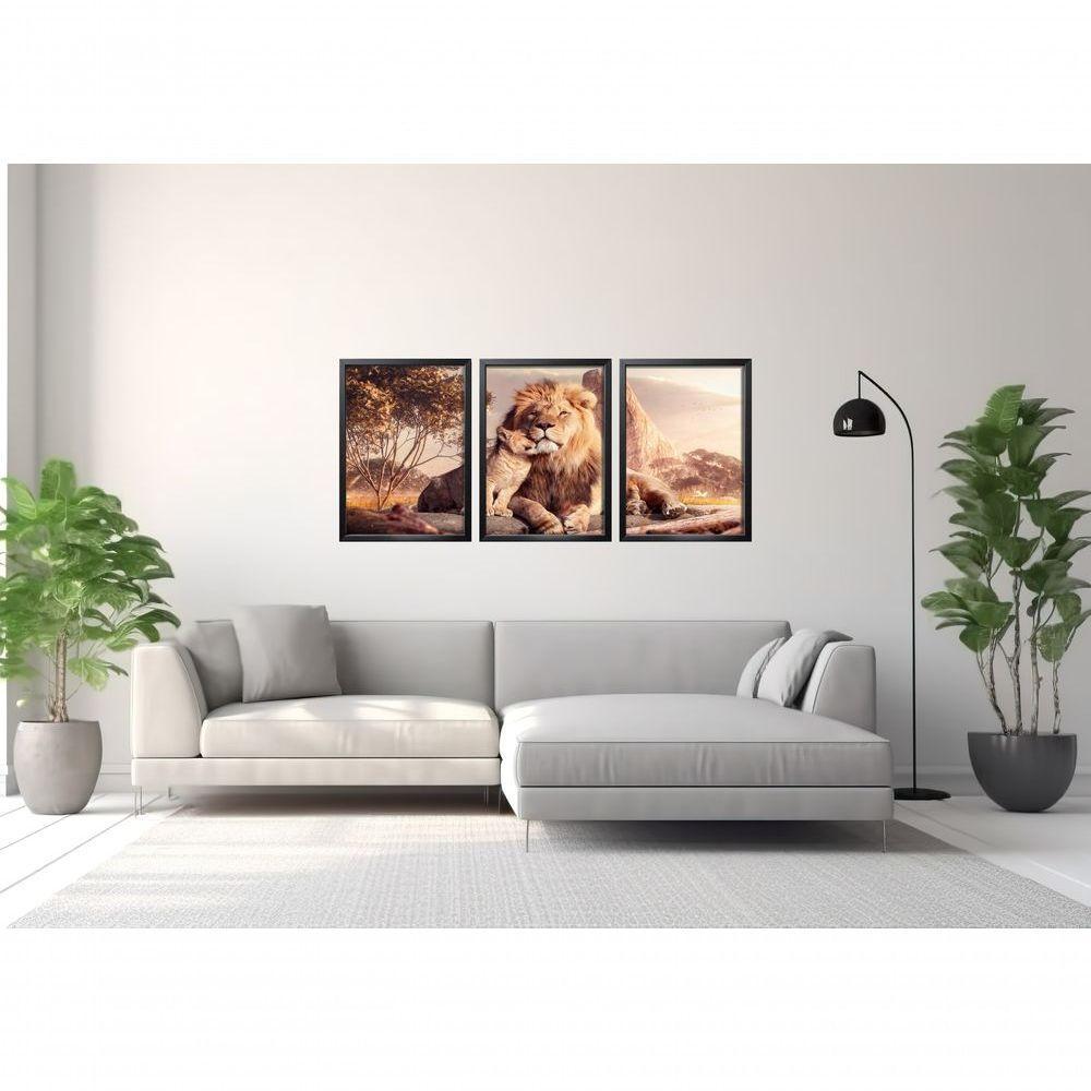 Quadro Decorativo Leão Família Com Moldura Preto - 3