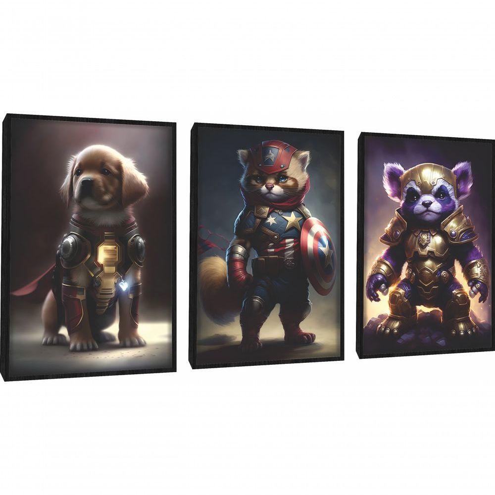Quadro Decorativo Super Heróis Pets Com Moldura Preto - 1
