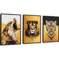 Quadro Decorativo Pintura Lobo, Leão, Tigre Com Moldura Preto - 1