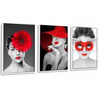 Quadro Decorativo Mulher Tons Cinza E Vermelho Com Moldura Branco - 1