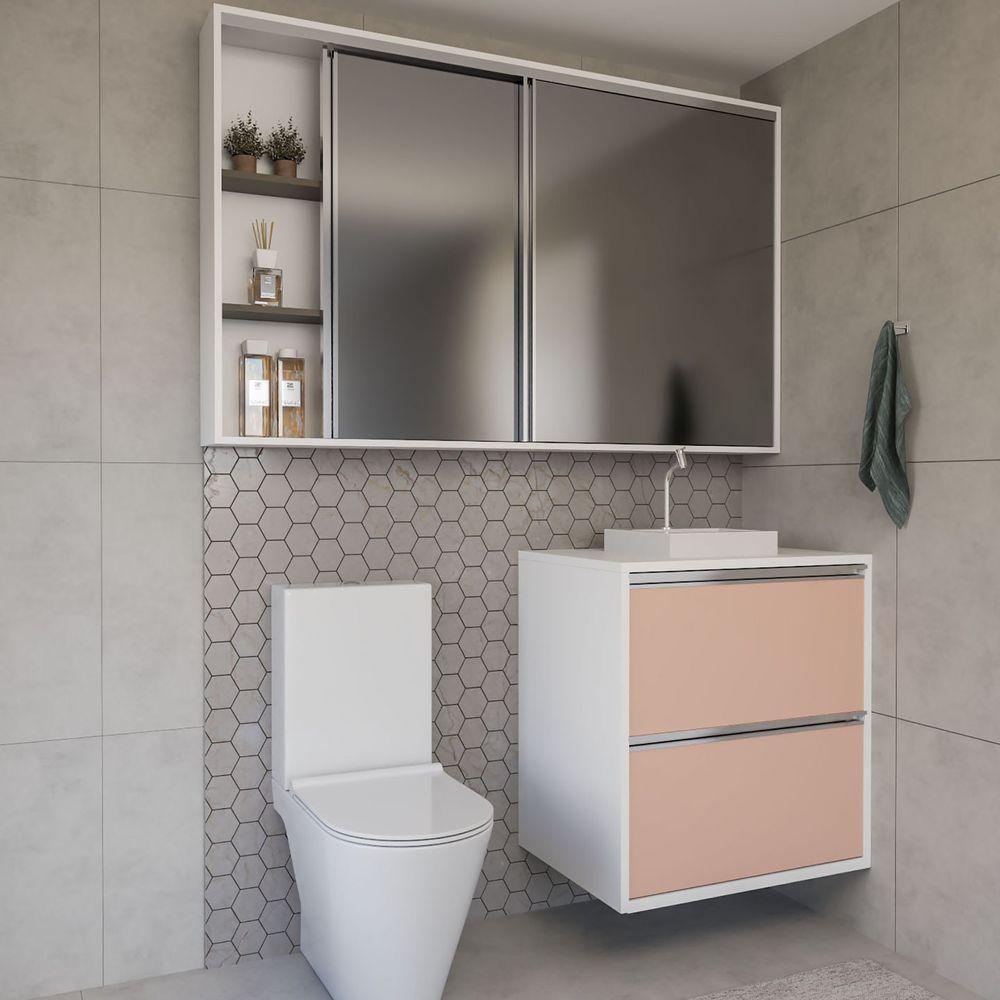 Conjunto Gabinete E Espelheira Plena Versati 80 Cm - Salmão/Branco - 1