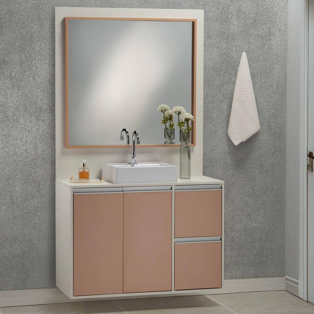 Conjunto Gabinete E Espelheira Plena Elegance 120 Cm - Branco/Salmão - 2
