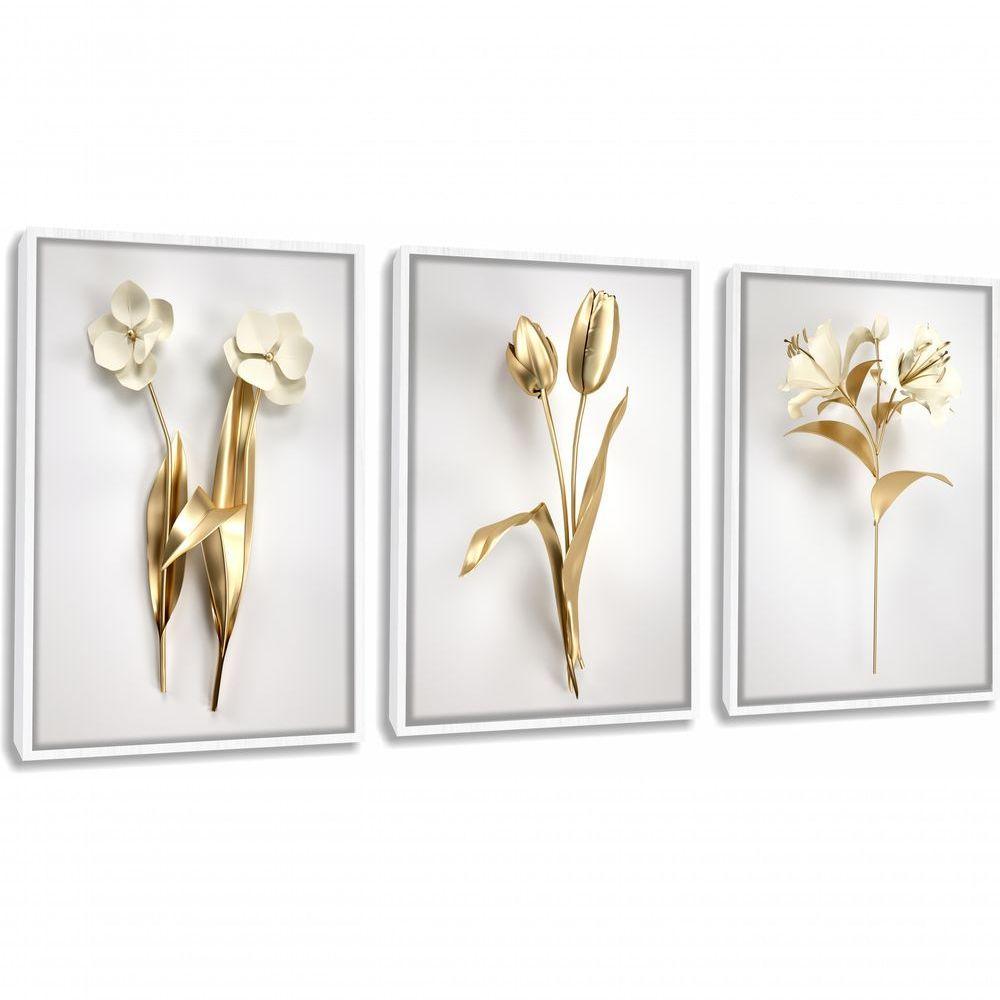 Quadro Decorativo Flor 3d Dourado Com Moldura Branco - 1