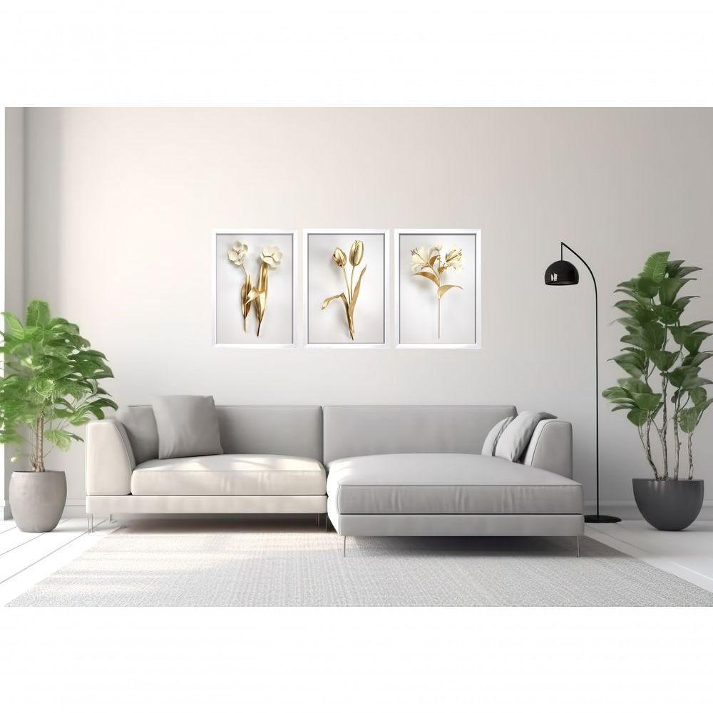 Quadro Decorativo Flor 3d Dourado Com Moldura Branco - 2