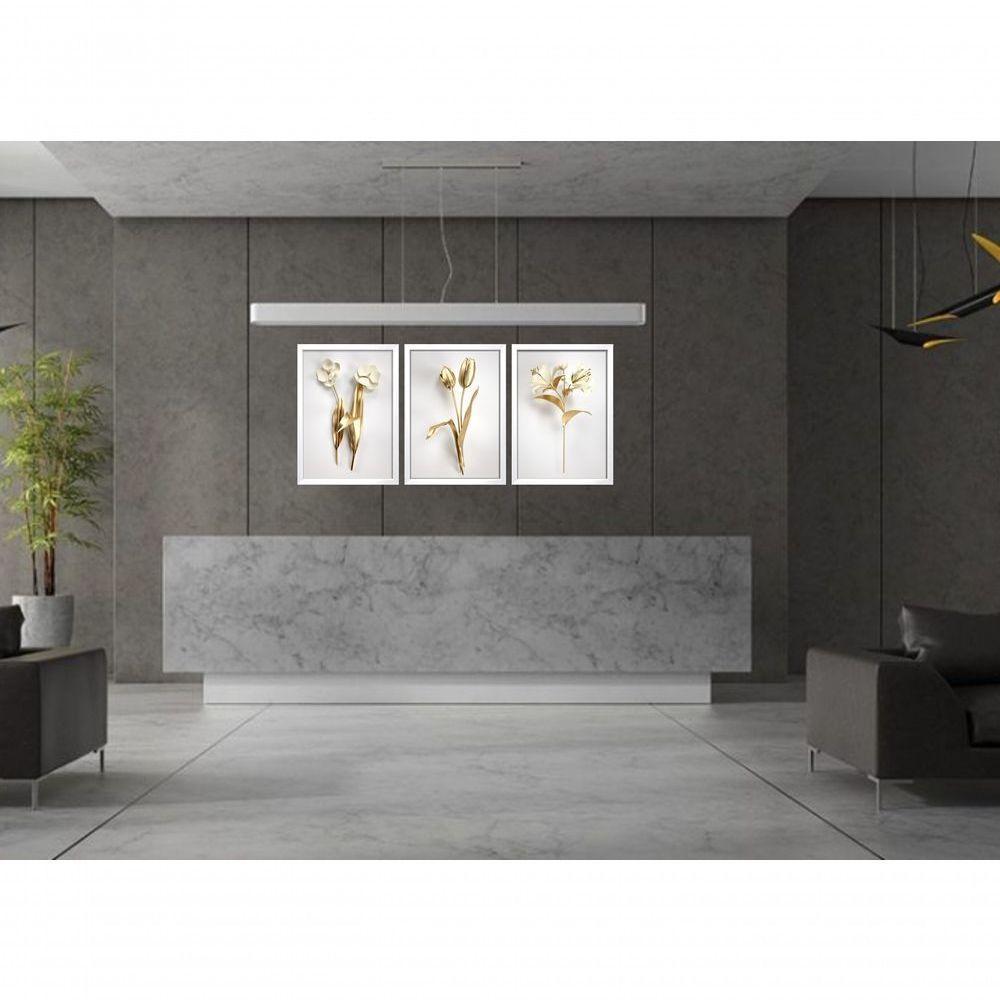 Quadro Decorativo Flor 3d Dourado Com Moldura Branco - 3