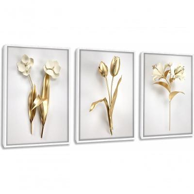 Quadro Decorativo Flor 3d Dourado Com Moldura Branco