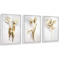 Quadro Decorativo Flor 3d Dourado Com Moldura Branco - 1