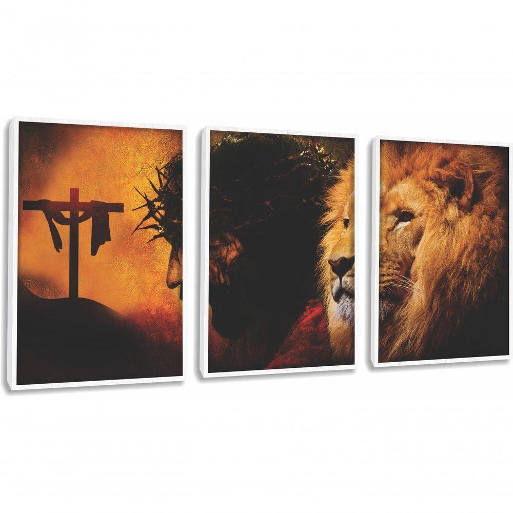 Quadro Decorativo Leão De Juda Jesus Cristo Com Moldura Branco - 1