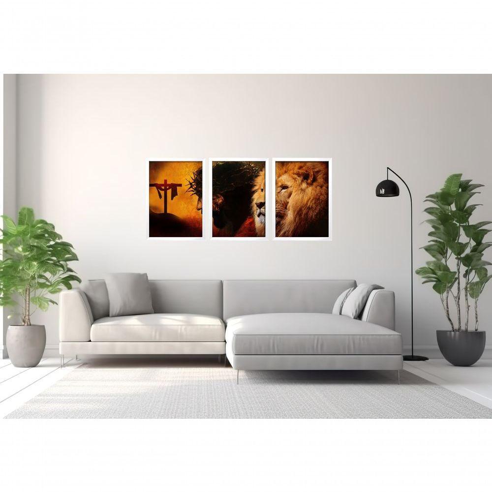 Quadro Decorativo Leão De Juda Jesus Cristo Com Moldura Branco - 3
