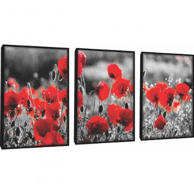 Quadro Decorativo Flor Vermelha Fundo Cinza Com Moldura Preto