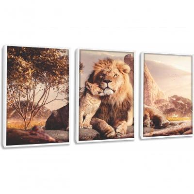 Quadro Decorativo Leão Família Com Moldura Branco