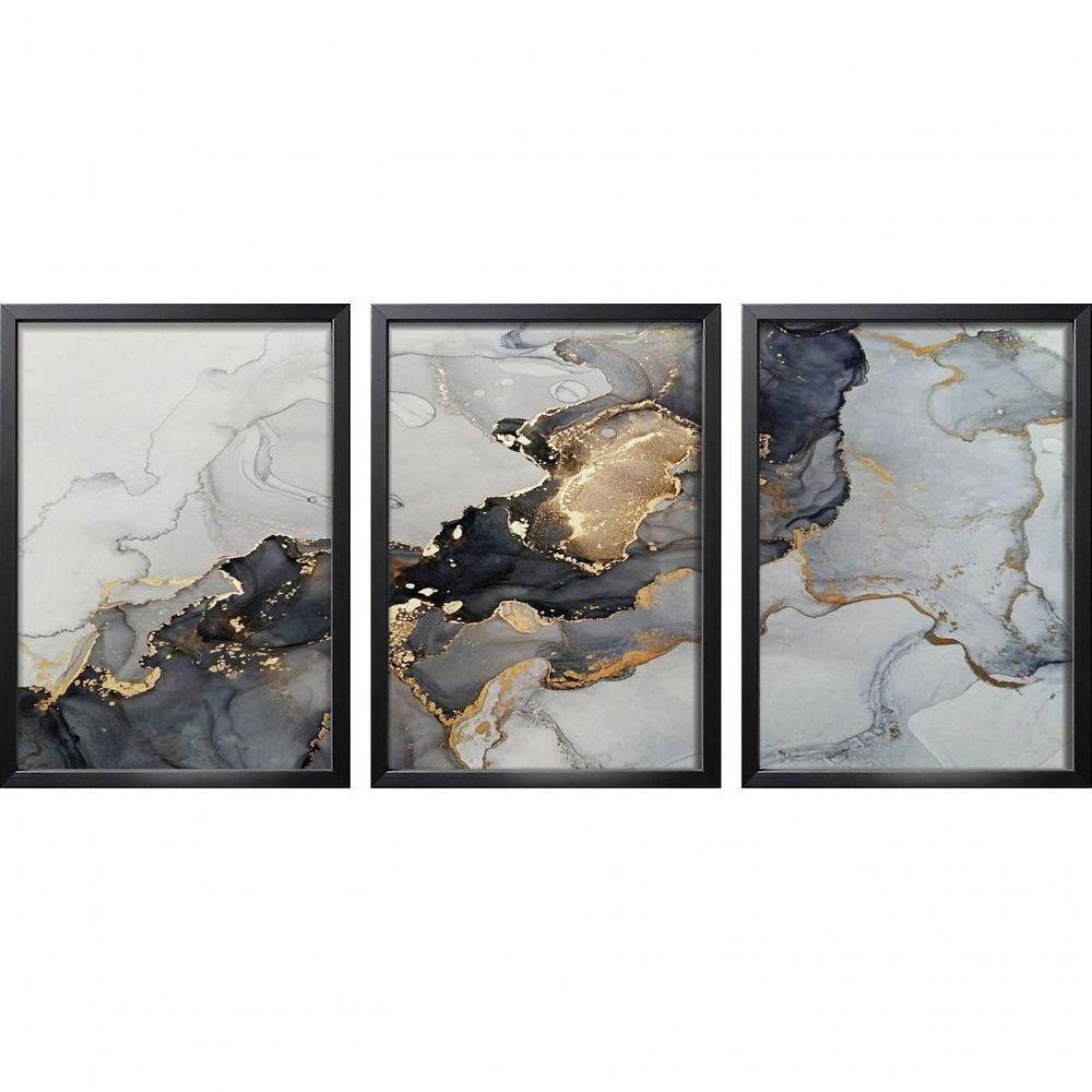 Quadro Decorativo Elegante Mármore Dourado Com Moldura Preto - 1