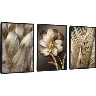 Quadro Decorativo Flor Com Pena Dourada Com Moldura Preto