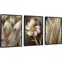Quadro Decorativo Flor Com Pena Dourada Com Moldura Preto - 1
