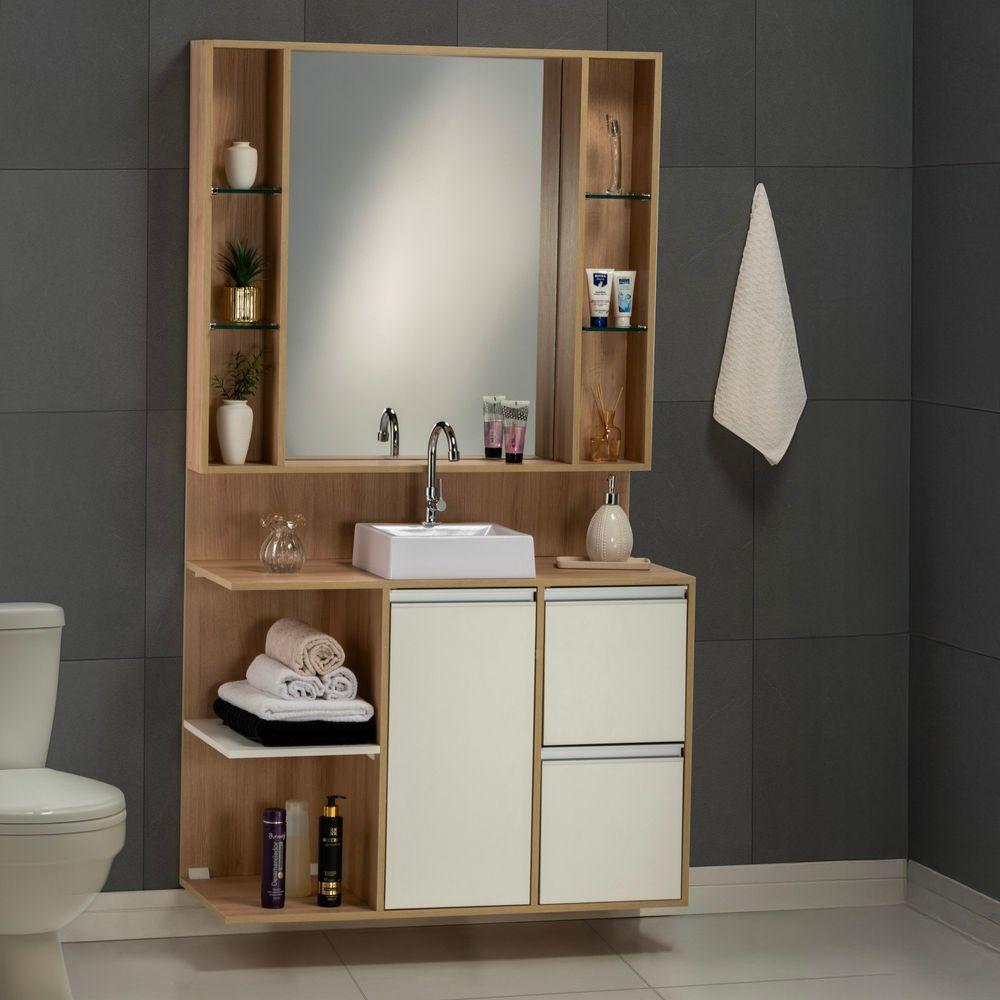 Conjunto Gabinete E Espelheira Plena Premium 100 Cm - Freijó / Branco - 2
