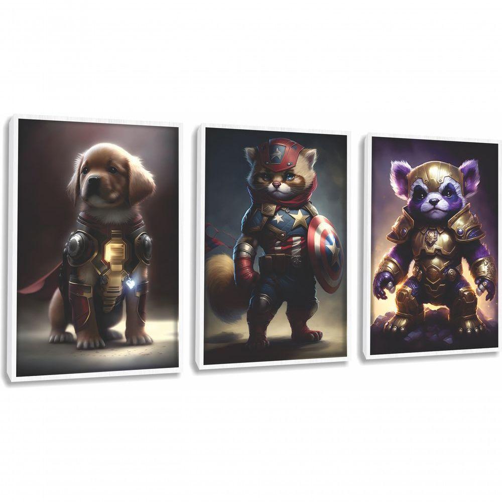 Quadro Decorativo Super Heróis Pets Com Moldura Branco - 1