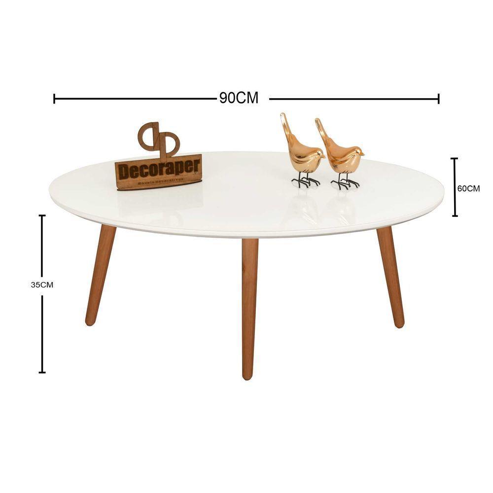 Mesa De Centro Oval Laqueada Com Vidro Colado Pé Palito 90x50 Branco - 2