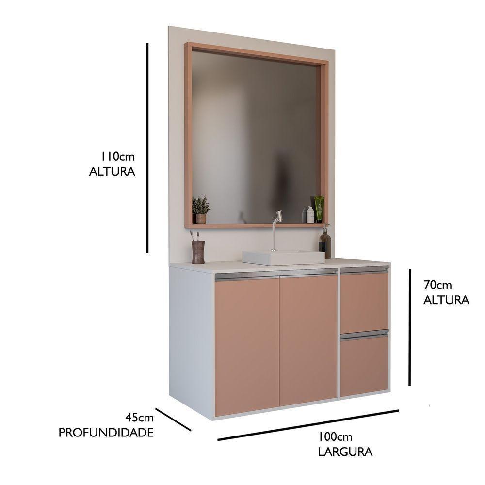 Conjunto Gabinete E Espelheira Plena Elegance 100 Cm - Branco/Salmão - 7