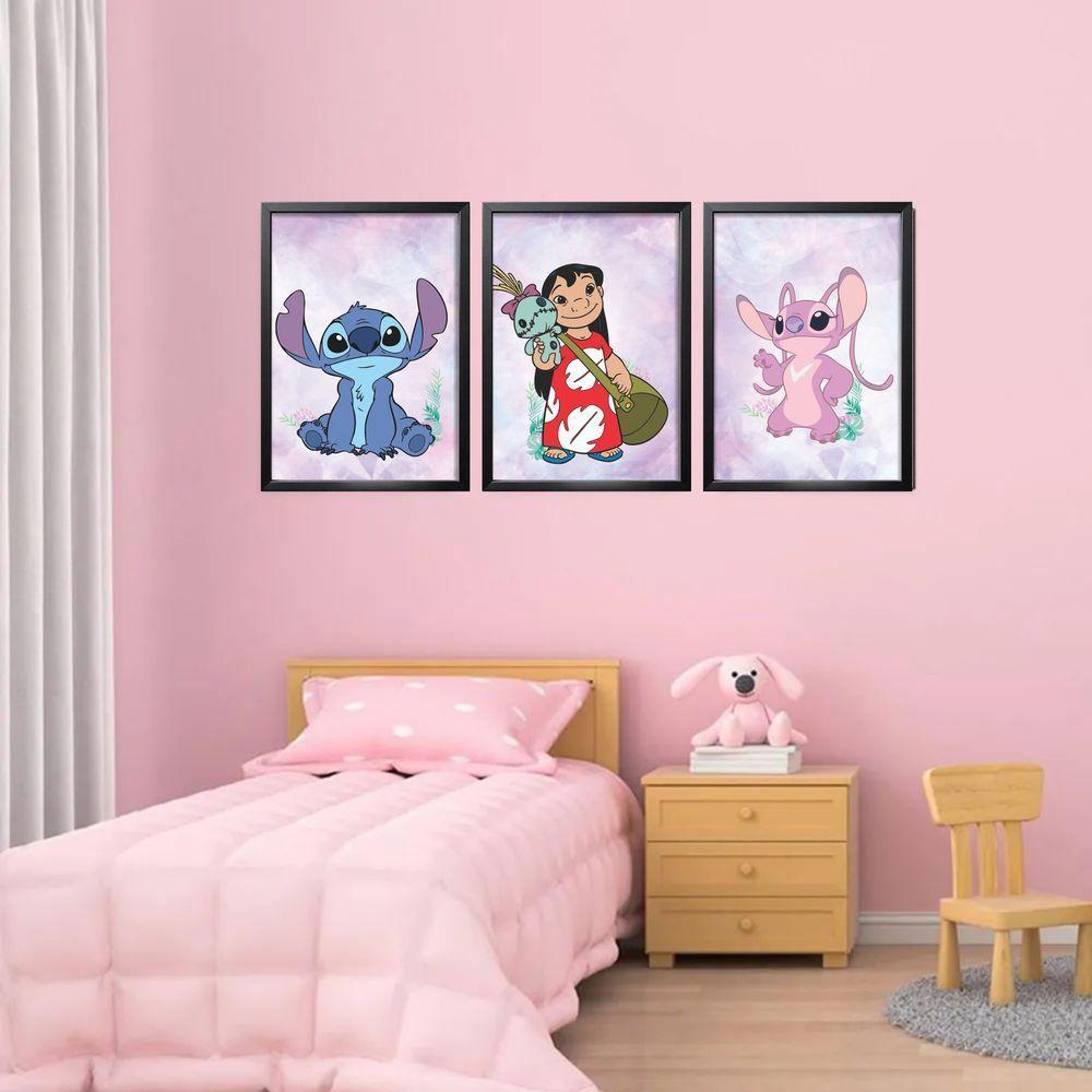 Quadros Decorativos Lilo & Stitch E Angel Com Moldura Preto - 2