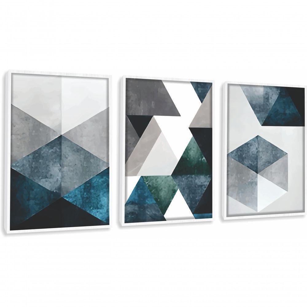 Quadro Decorativo Abstrato Tons Azuis E Cinza Geométricos Com Moldura Branco - 1