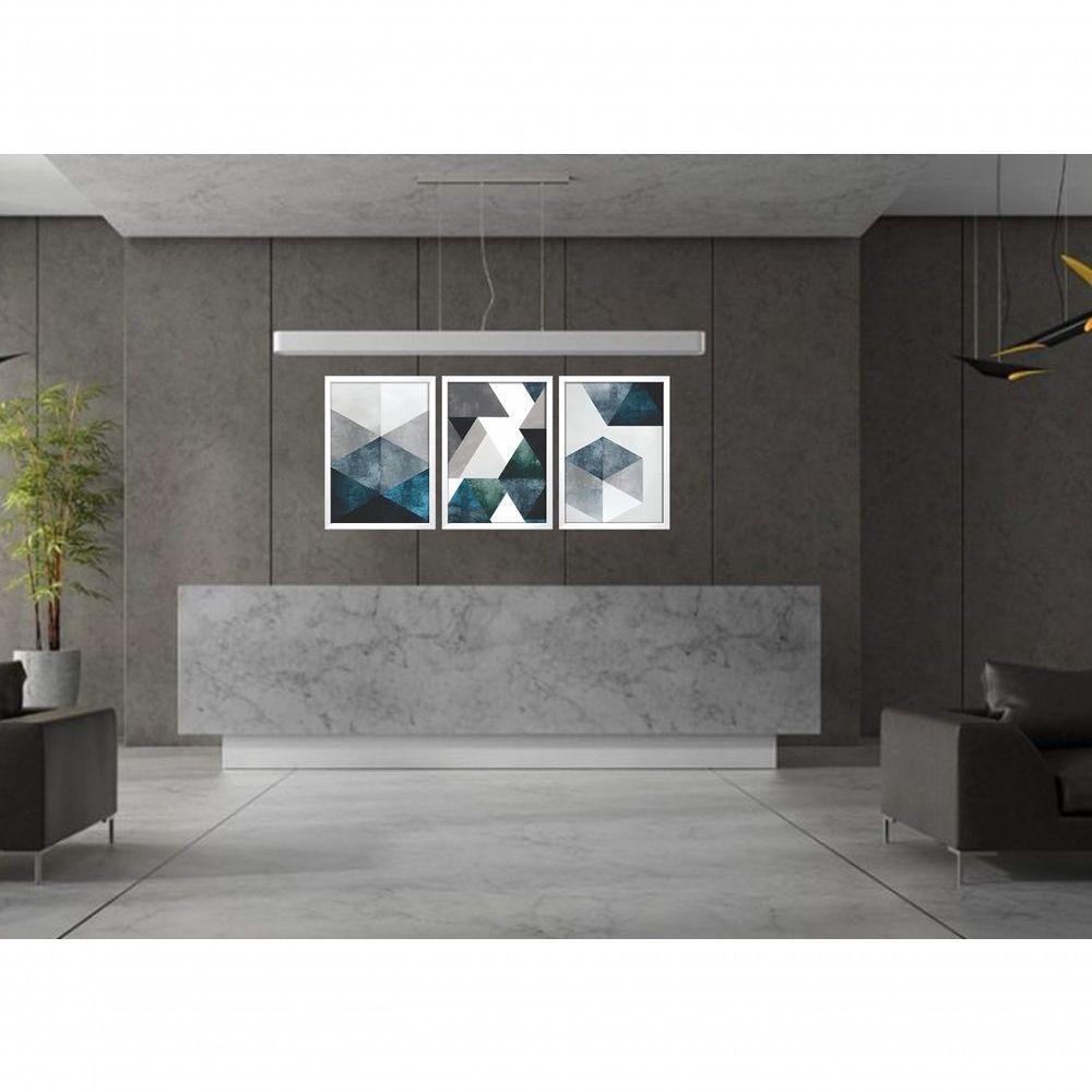 Quadro Decorativo Abstrato Tons Azuis E Cinza Geométricos Com Moldura Branco - 2