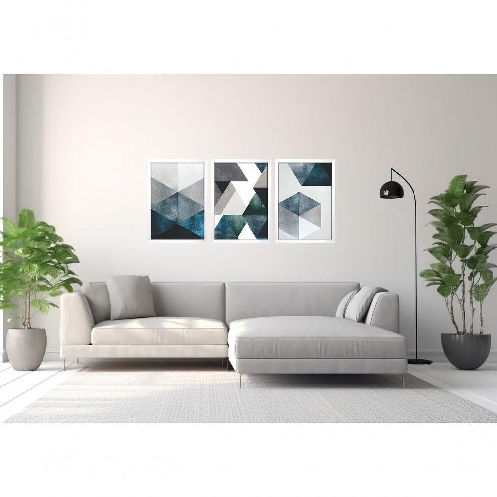 Quadro Decorativo Abstrato Tons Azuis E Cinza Geométricos Com Moldura Branco - 3