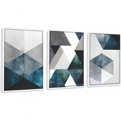 Quadro Decorativo Abstrato Tons Azuis E Cinza Geométricos Com Moldura Branco