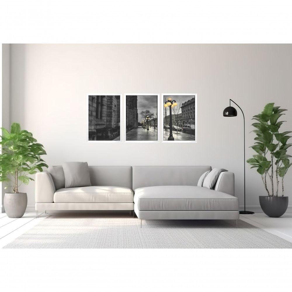 Quadros Decorativos Cidade Tons De Cinza Com Moldura Branco - 2