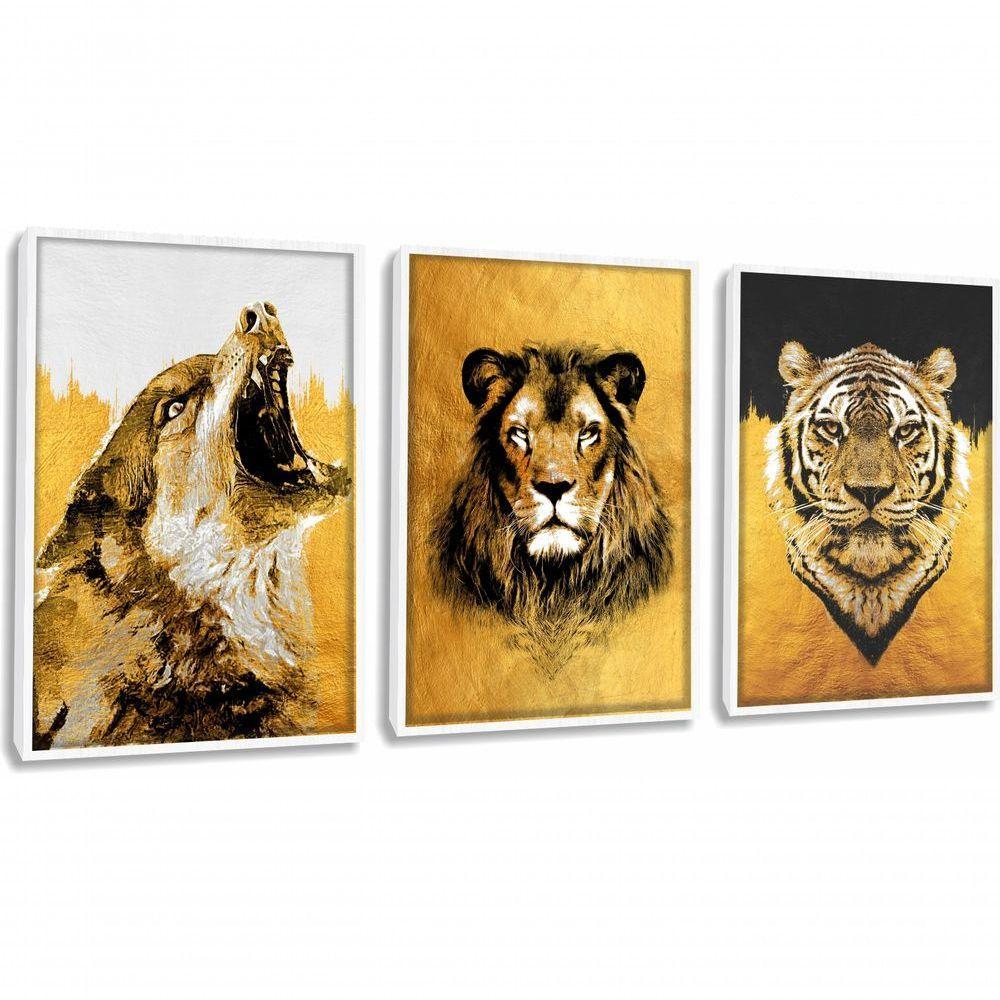 Quadro Decorativo Pintura Lobo, Leão, Tigre Com Moldura Branco - 1