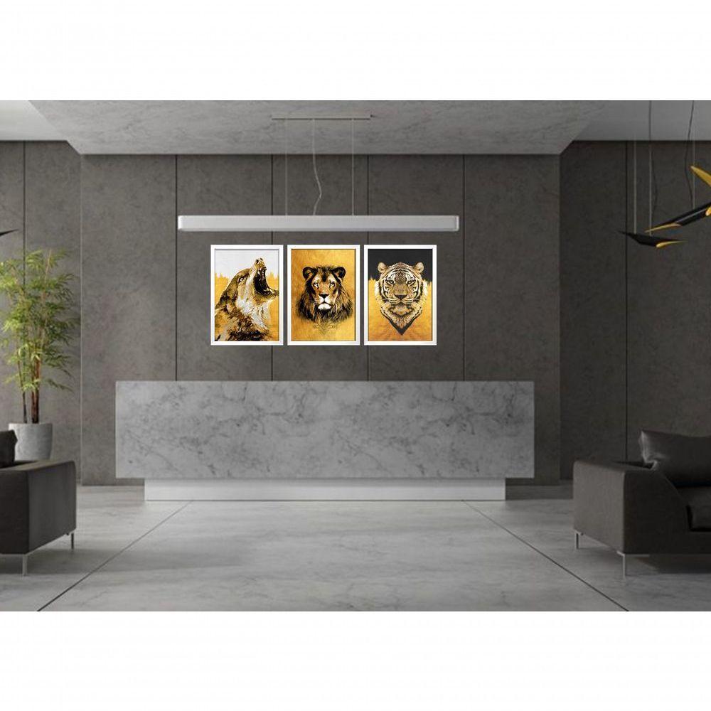 Quadro Decorativo Pintura Lobo, Leão, Tigre Com Moldura Branco - 2