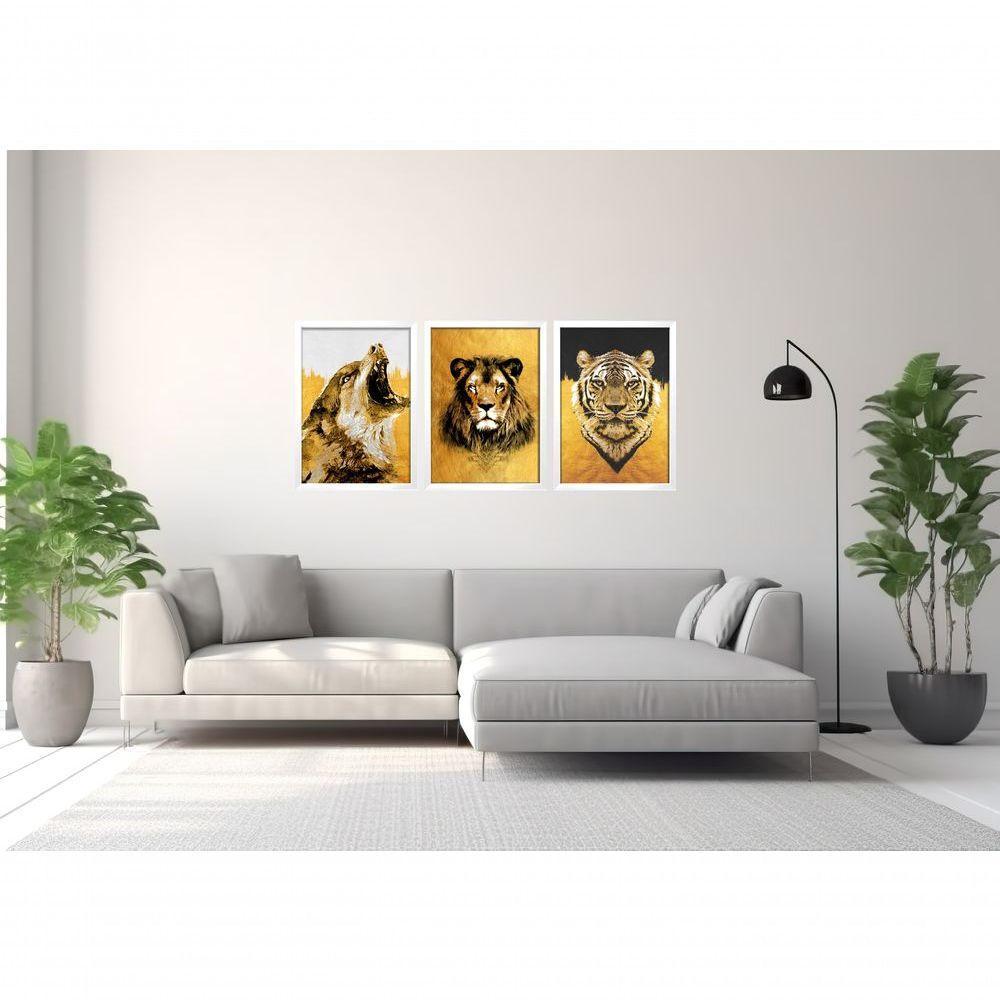 Quadro Decorativo Pintura Lobo, Leão, Tigre Com Moldura Branco - 3