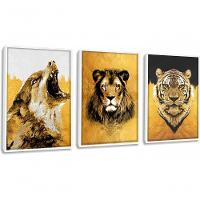 Quadro Decorativo Pintura Lobo, Leão, Tigre Com Moldura Branco - 1