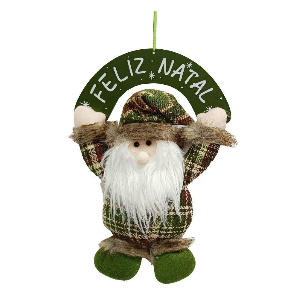 Guirlanda Placa Feliz Natal Madeira Papai Noel Decorativo Pelúcia Verde Xadrez E Gorro Crochê 30cm - 1