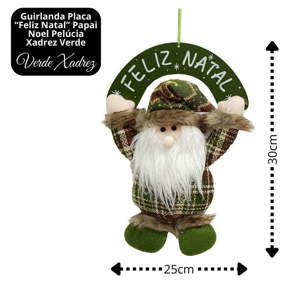 Guirlanda Placa Feliz Natal Madeira Papai Noel Decorativo Pelúcia Verde Xadrez E Gorro Crochê 30cm - 5