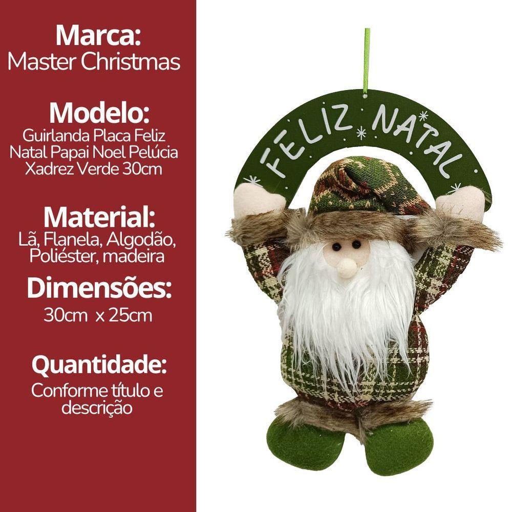 Guirlanda Placa Feliz Natal Madeira Papai Noel Decorativo Pelúcia Verde Xadrez E Gorro Crochê 30cm - 6