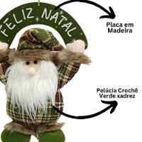 Guirlanda Placa Feliz Natal Madeira Papai Noel Decorativo Pelúcia Verde Xadrez E Gorro Crochê 30cm - 3
