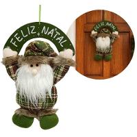 Guirlanda Placa Feliz Natal Madeira Papai Noel Decorativo Pelúcia Verde Xadrez E Gorro Crochê 30cm