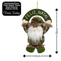 Guirlanda Placa Feliz Natal Madeira Papai Noel Decorativo Pelúcia Verde Xadrez E Gorro Crochê 30cm - 5