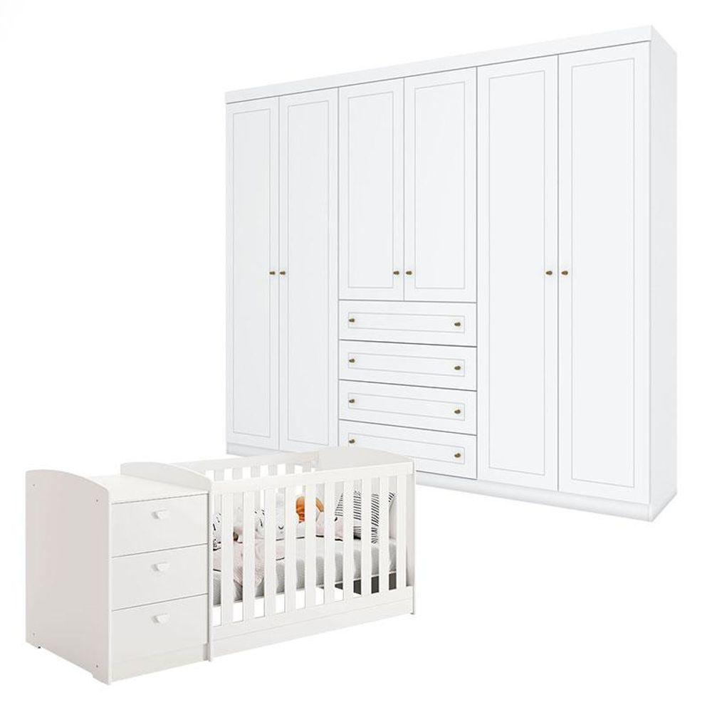 Berço Multifuncional Atlanta E Guarda Roupa 6 Portas Mississipi Ambiente Branco Fosco Henn - Reller - 9