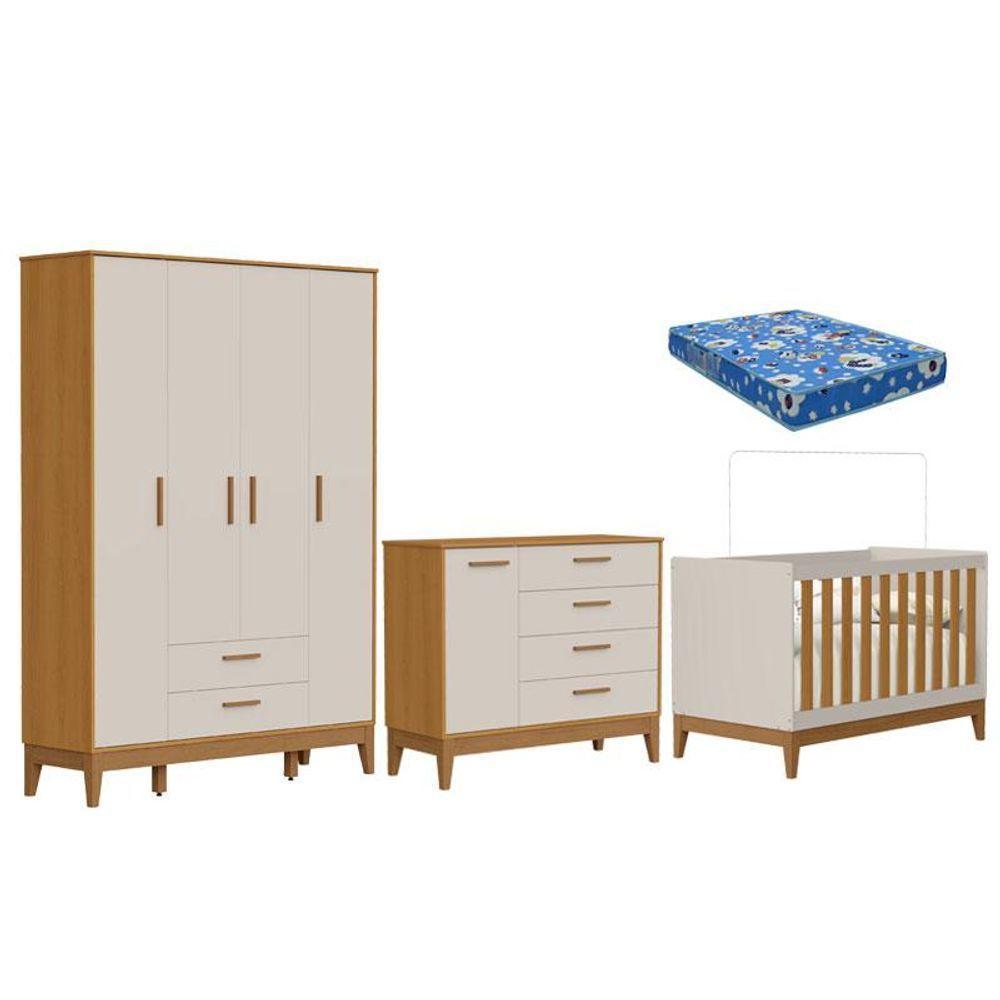 Quarto De Bebê Flip Com Cômoda Sapateira Areia Acetinado Savana Com Colchão - Reller - 1