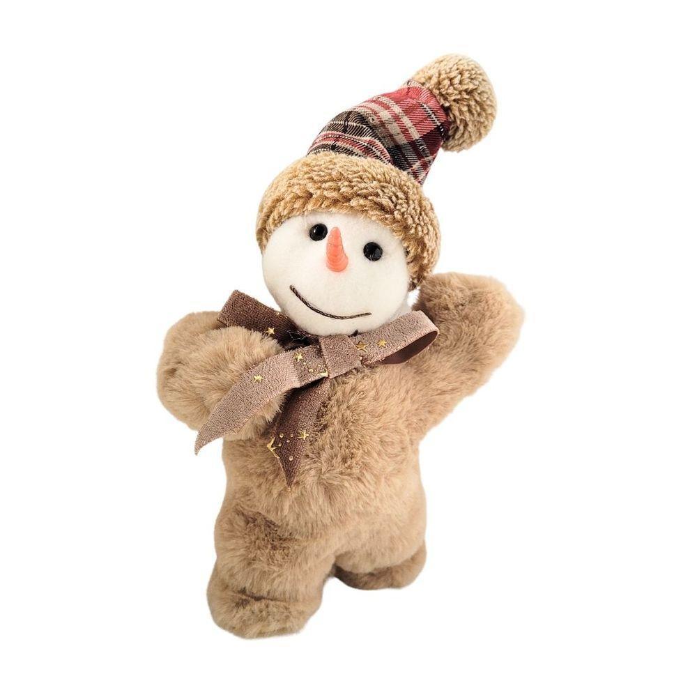Boneco De Neve Natalino Decorativo Pelúcia Marrom Claro Gorro Xadrez E Nariz De Cenoura 20cm - 1