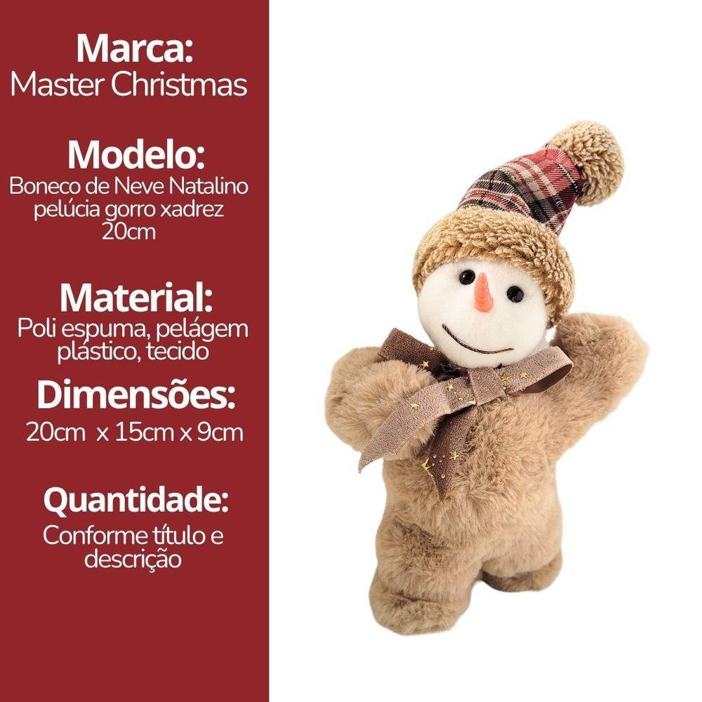 Boneco De Neve Natalino Decorativo Pelúcia Marrom Claro Gorro Xadrez E Nariz De Cenoura 20cm - 6