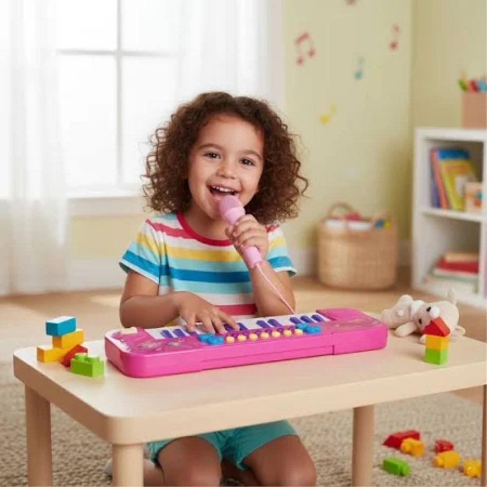 Teclado Toca Musica Com Microfone Menina Rosa - 2