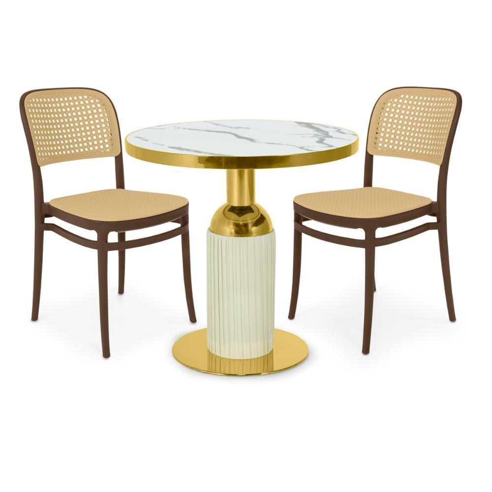 Conjunto Mesa De Jantar Redonda Imperial 70cm Branca Com 2 Cadeiras Roma - Marrom - 1