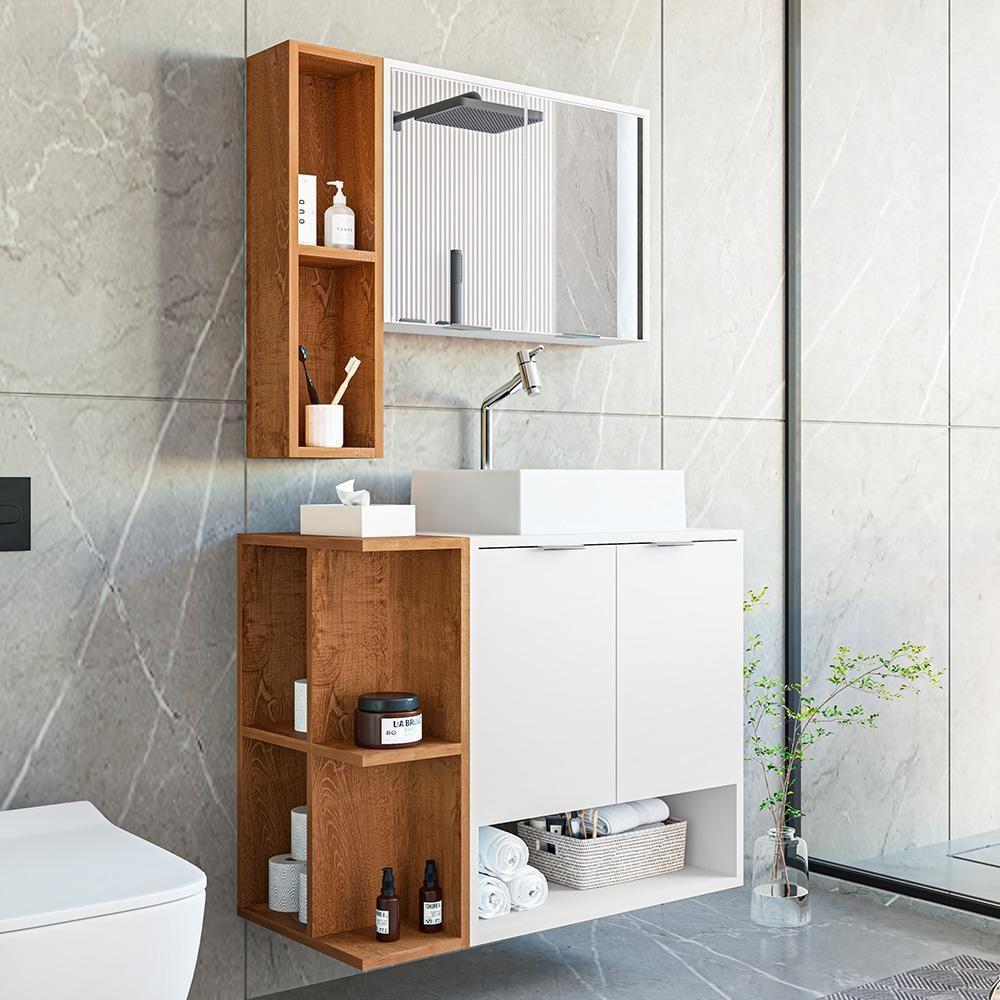 Gabinete Banheiro Star 2 Portas Com Espelheira E Cuba Dalla Branco/naturale - 1