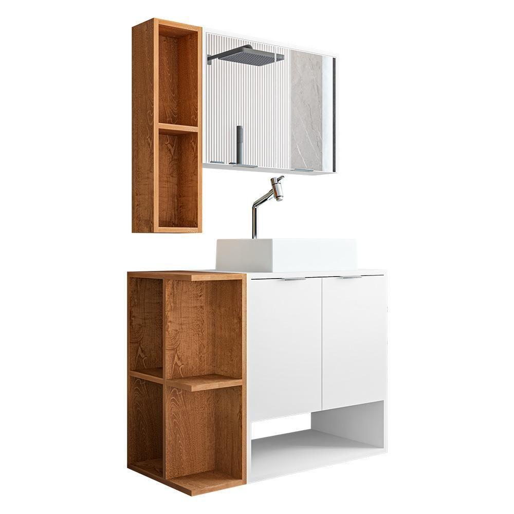 Gabinete Banheiro Star 2 Portas Com Espelheira E Cuba Dalla Branco/naturale - 2