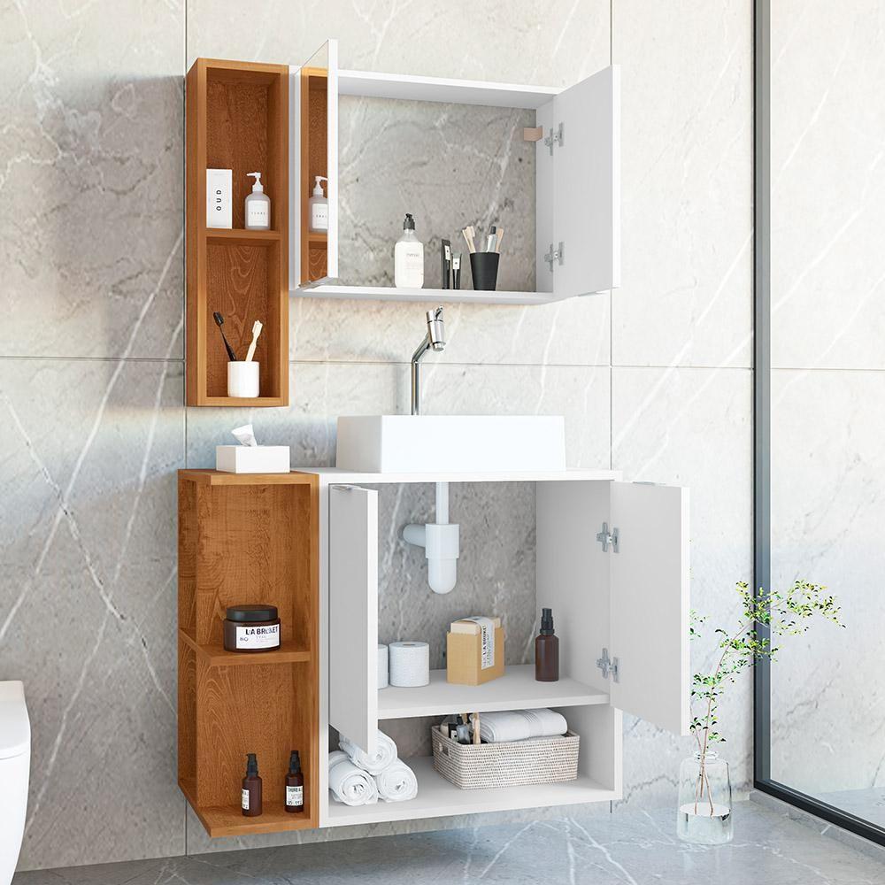 Gabinete Banheiro Star 2 Portas Com Espelheira E Cuba Dalla Branco/naturale - 5