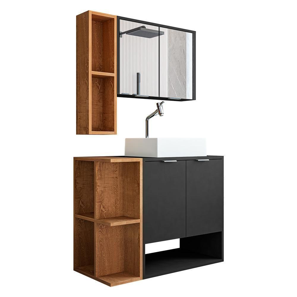 Gabinete Banheiro Star 2 Portas Com Espelheira E Cuba Dalla Preto Fosco/naturale - 2