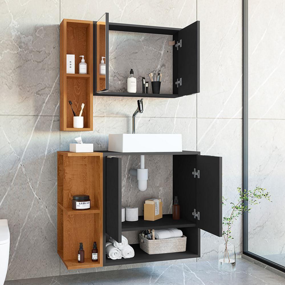 Gabinete Banheiro Star 2 Portas Com Espelheira E Cuba Dalla Preto Fosco/naturale - 5