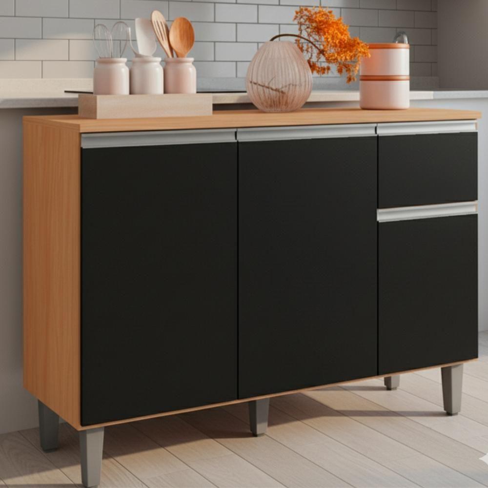 Balcao Com Tampo 105 Cm Vanessa Amendoa Preto Reajl Moveis Amendoa Preto - 2